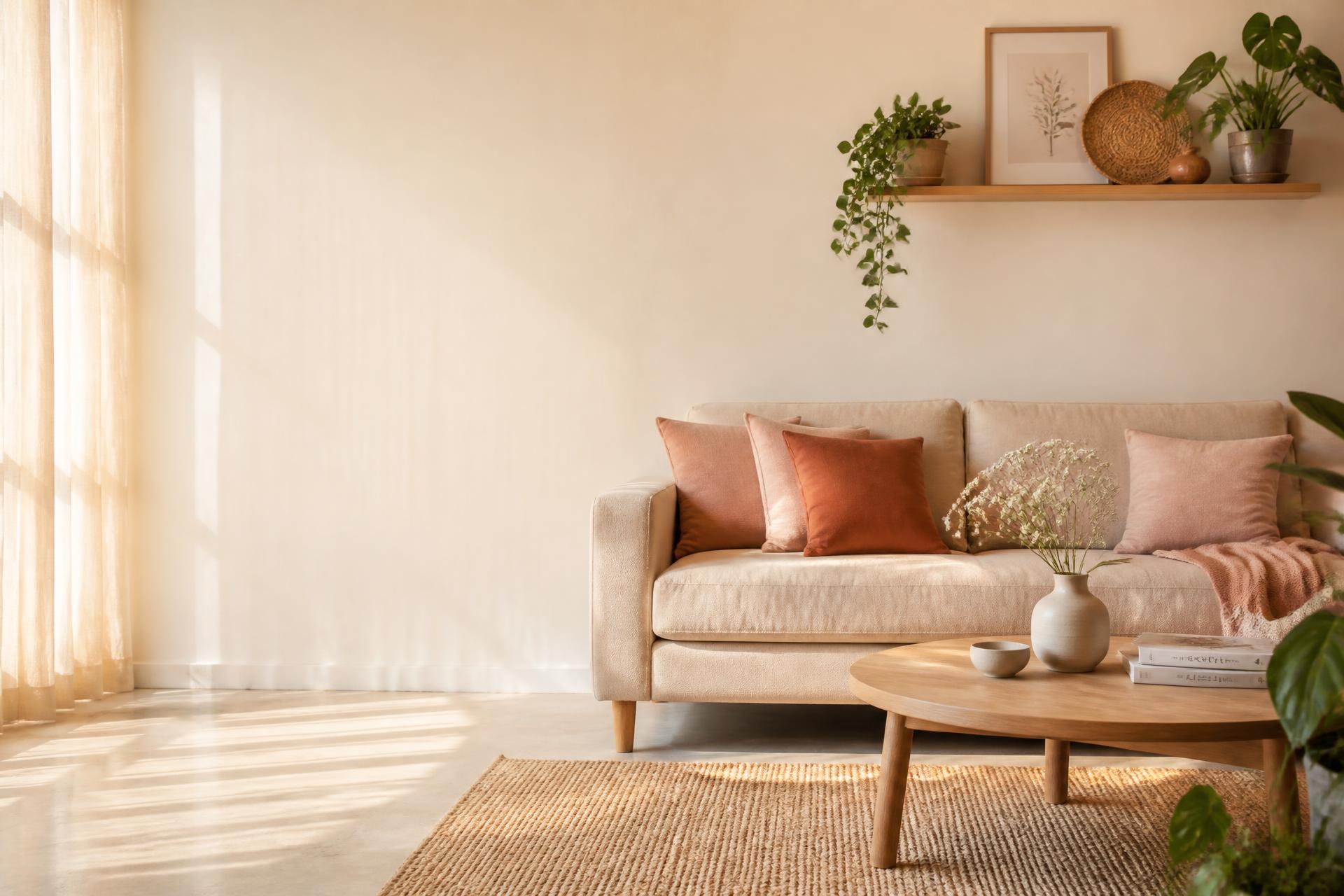 Sunlit, calmly arranged living room with linen sofa and styled shelf